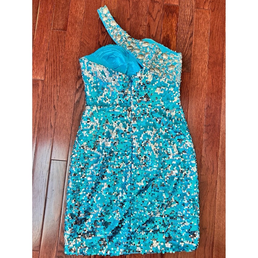 Tony Bowls Blue One Shoulder Fully Sequined Embellished Cocktail Party Dress - Picture 8 of 11